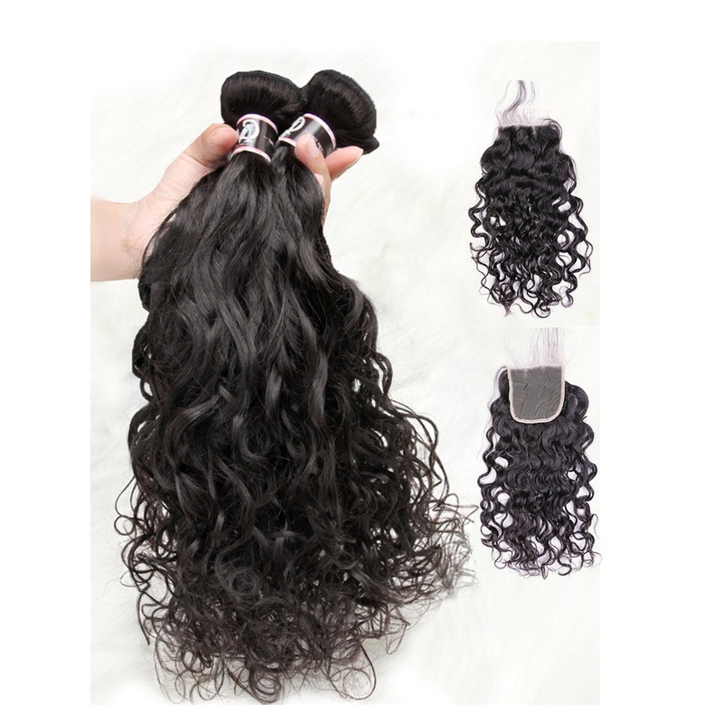 CurlyMe Natural Wave Virgin Human Hair 4 Bundles with 4×4 Closure Natural Black 8 8 10 10 4×4 Closure 8