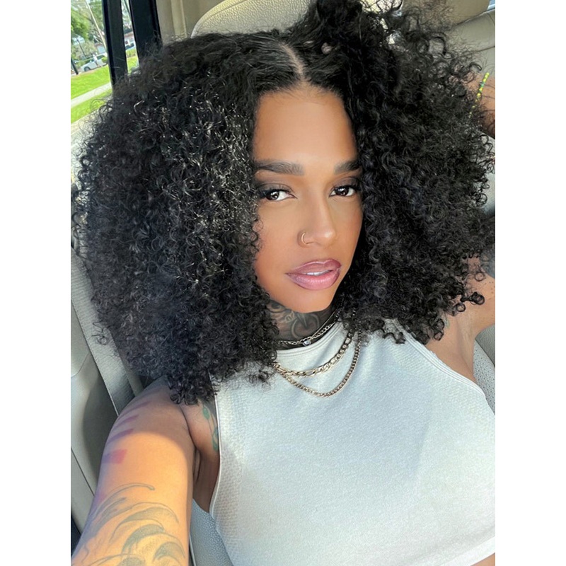 CurlyMe Pre-bleached Knots Easy to Wear Glueless Pre-cut HD Lace Kinky Curly Wig Pre-plucked 12(bob)