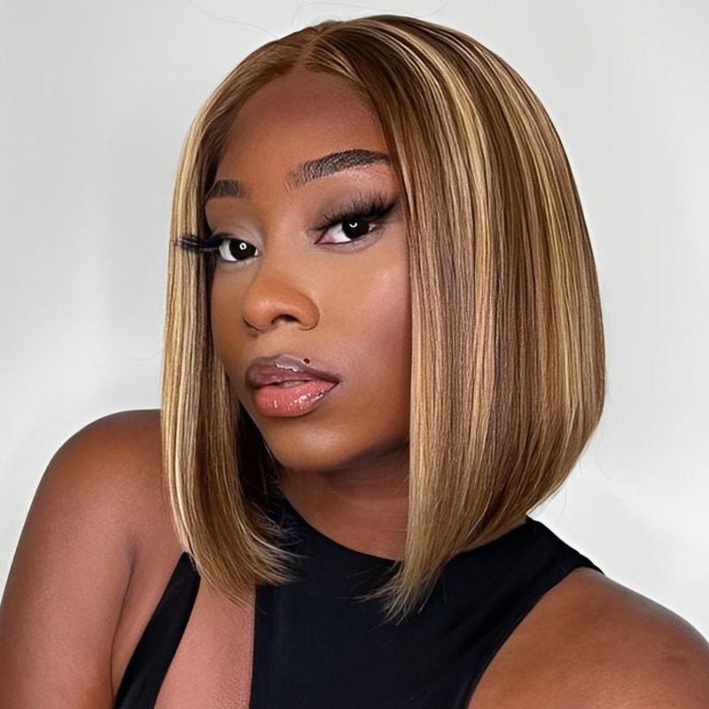 P4/27 Highlight Short Straight Bob 4×4 Lace Closure Wig 100% Human Virgin Hair 220% Density 10 4×4 Lace 220%