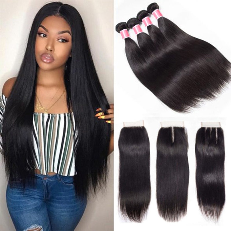 Peruvian Straight Hair 4 Bundles with 4*4 Closure Soft Unprocessed Virgin Human Hair 10 10 12 12+8 Free Part