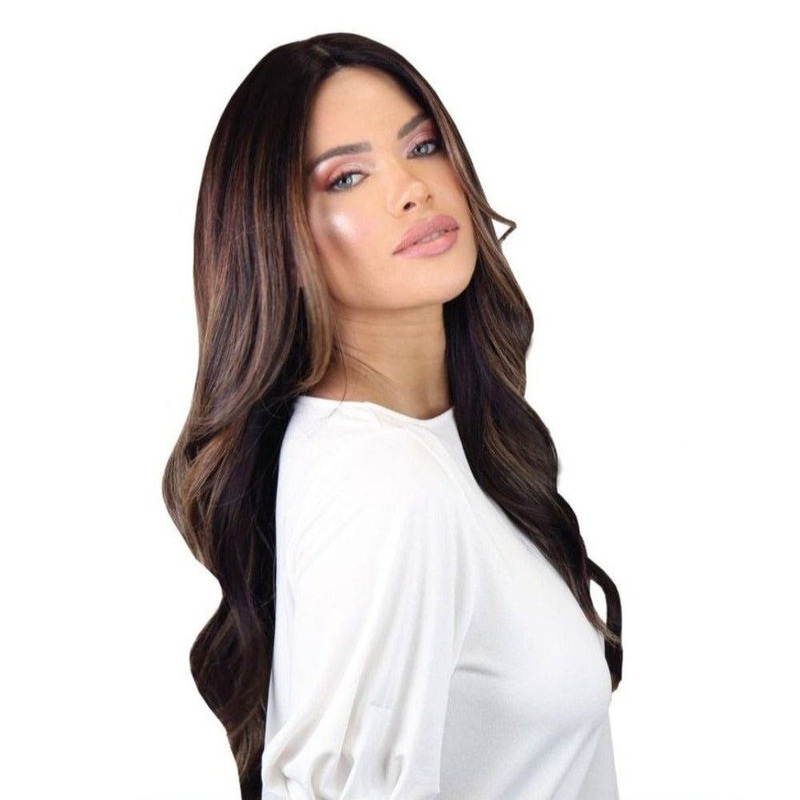 26″ Ponytail Silk Top Wig Natural Black w/ Caramel Balayage
