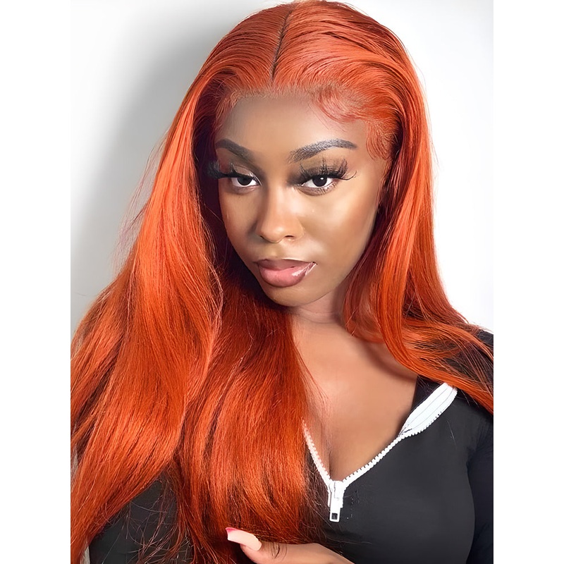 CurlyMe Bright Orange Straight Hair 13×4 Lace Front Wigs Remy Hair 180% 16
