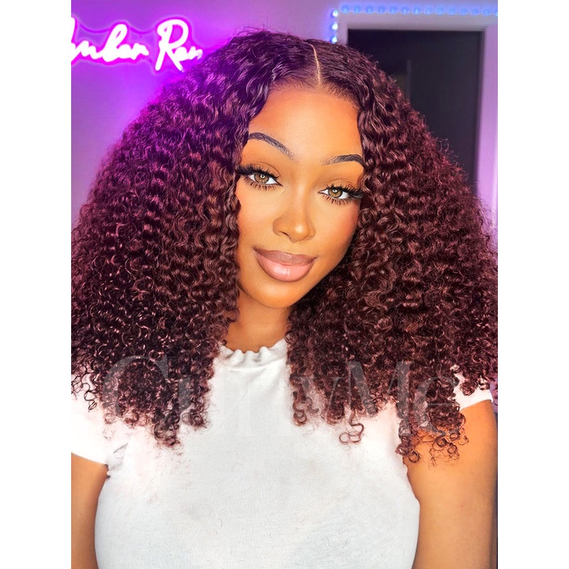 CurlyMe Pre-Plucked Wear Go Glueless Reddish Brown Kinky Curly Hair Pre-cut Lace 180% 10(bob)