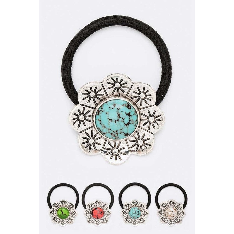Embossed Stone Flower Scrunchy Hair Tie Assorted (12 PC) O/S