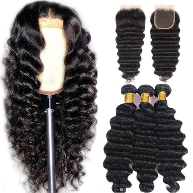 Loose Deep Wave Bundles with Closure Peruvian Hair Bundles with Closure Remy 100% Human Hair Bundles with 4×4 lace Closure 8″8″8″+8″