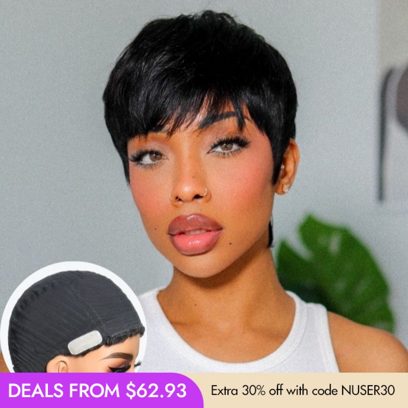 New Customers Only | Throw On & Go Short Cut with Bangs Wig Ultra Comfort Cotton Cap Glueless Wig Hair Loss Friendly 1pc 6 None