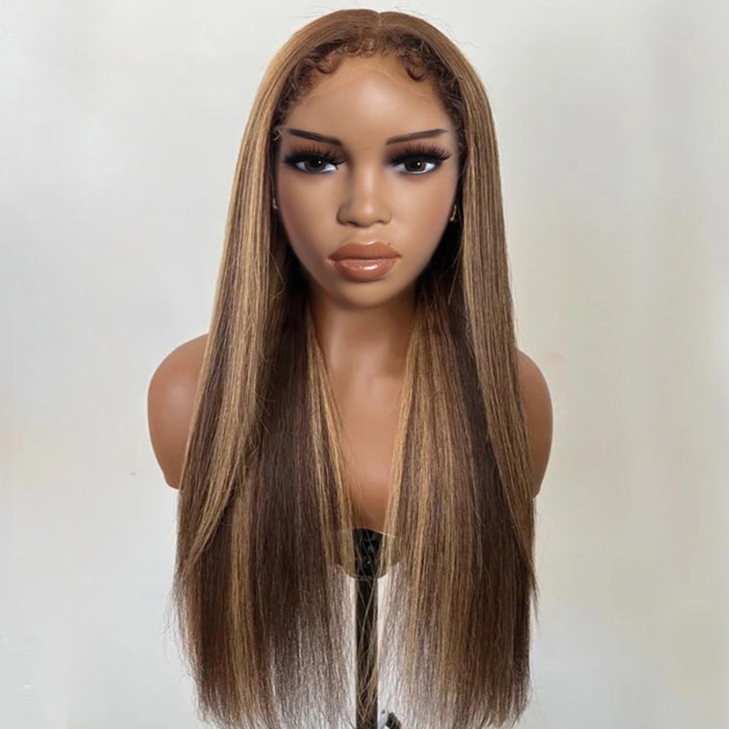 Pull Go Drawstring Wig Brown Highlight Straight Human Hair Glueless Wig with With 4c Curly Edges Hairline 13×4 13×6 Invisible HD Lace Front Wigs 12 13×4 Lace with Drawstring Cap 180%
