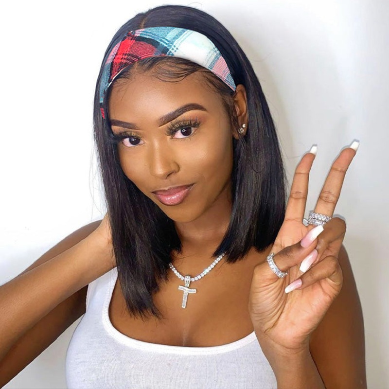 Straight Hair Headband Bob Wig Glueless Human Hair Half Wig 220% Density 10inch Straight 220%