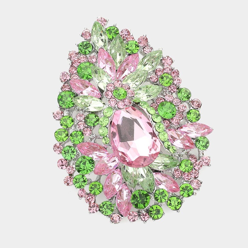 Crystal Rhinestone Teardrop Bouquet Pin Brooch Pink&Green