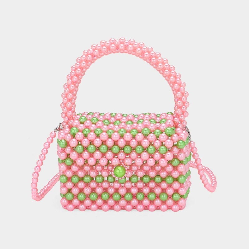 Pearl Beaded Mini Top Handle Handbag / Crossbody Bag Pink&Green