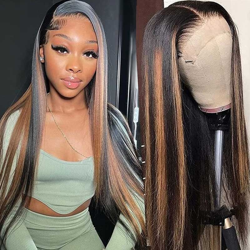 QVR #FB30 Straight Full Lace Wig Handmade Highlights Human Hair Knotless Wigs Full Lace 180% 14”