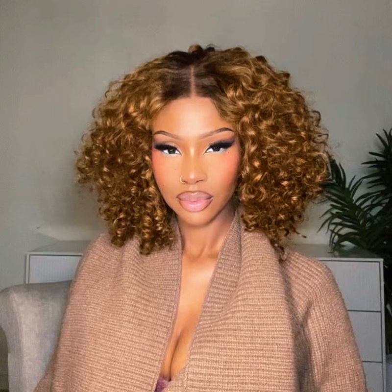 Weekly Special | Brown Highlight / Natural Black / Blonde Highlight Deep Curly Glueless 5×5 Closure Pre-Cut Lace Wig Breathable Cap Ombre Brown Highlight 10