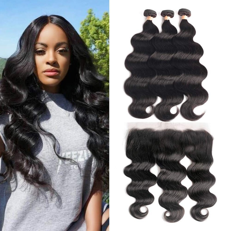 Virgin Human Hair Body Wave 3 Bundles with 13*4 Lace Frontal Closure 14″14″14″+12″
