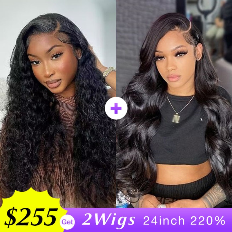 [2Wigs 220%] Left C Part Water Wave & 3D Body Wave Versatile 8×5 HD Lace Ready to Go Wigs Left C Part Water Wave Wig – 24inch 220% – Versatile 8×5 Lace Left C Part 3D Body Wave Wig – 24inch 220% – Versatile 8×5 Lace