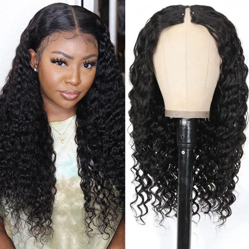 No Leave Out V/U Part Wig Deep Wave Human Hair Wigs Beginnger Friendly Easy Install 12 V Part 150%