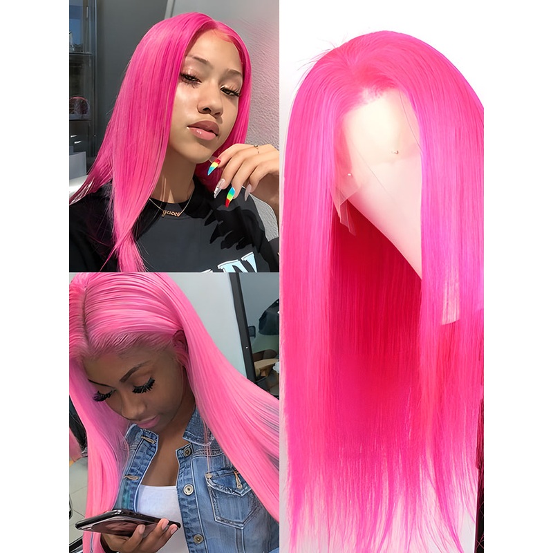 CurlyMe Hot Pink Colored Straight Human Hair 13×4 Lace Front Wigs Pre Plucked Hairline 180% 16