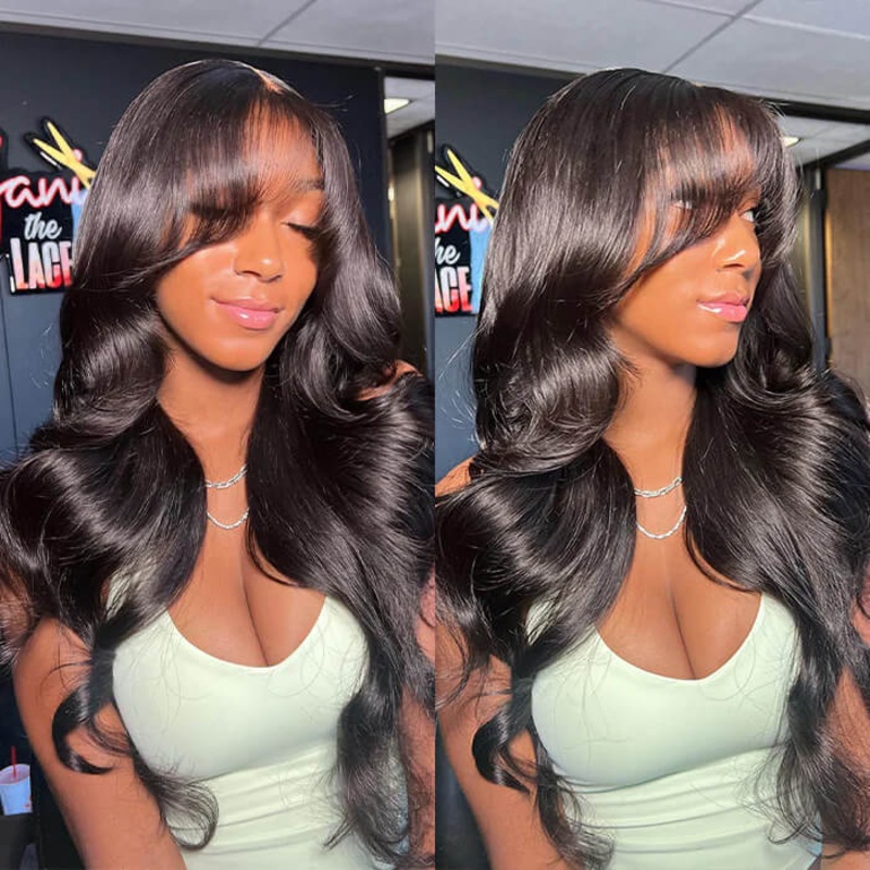Face-Framing Curtain Bangs Body Wave Wig Glueless Pre Cut 8×5 HD Lace Ready To Go Wig Pre Plucked Pre Bleached 14 Glueless 5×5 Lace Natural Black