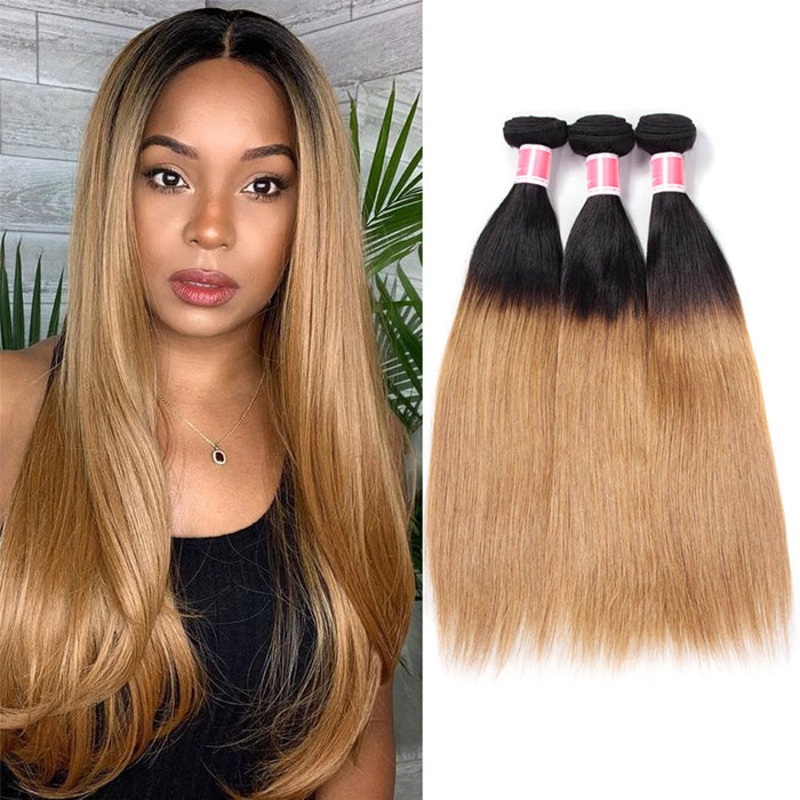 Ombre Peruvian Virgin Straight Hair 3/4 Bundles Deal Two Tone 1B/27 Human Hair Weave Extensions 10 10 10