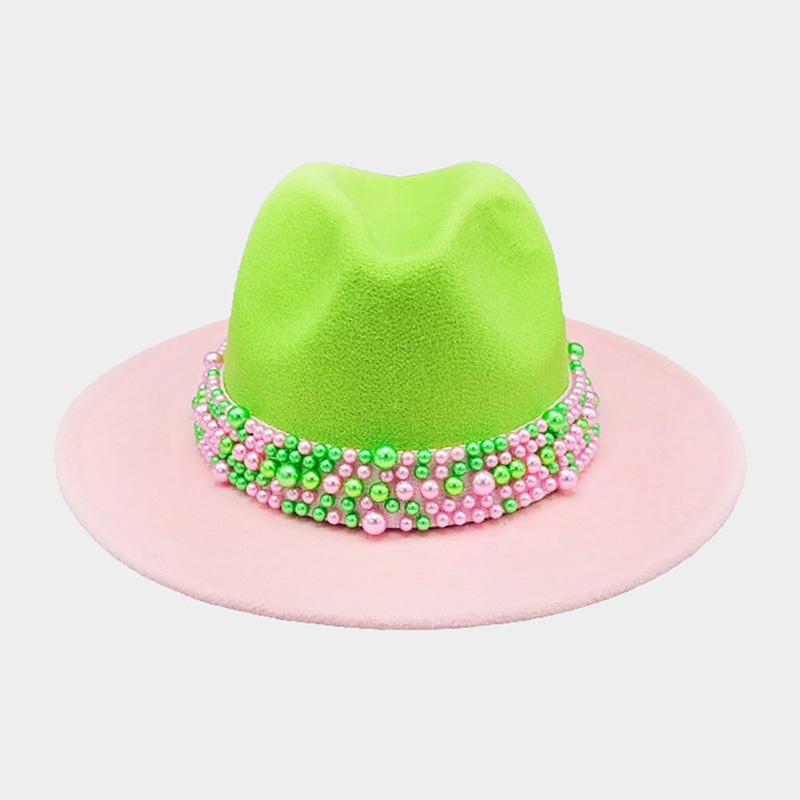 Pearl Embellished Band Pointed Color Block Fedora Hat Pink&Green, Pink