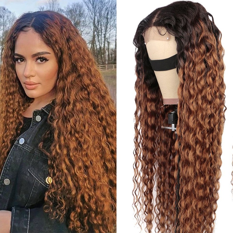 QVR Deep Wave 1B/30 Ombre Honey Brown Color Glueless 4×4 Lace Closure Wig 100% Virgin Human Hair Wigs 13×4 Lace 14