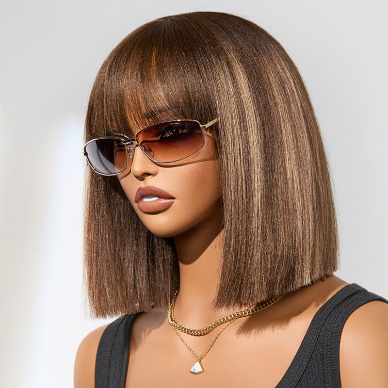 Ash Blonde Highlights Yaki Blunt Cut Bob Wig with Bangs Glueless Minimalist Lace Short Wig Breathable Cap 10