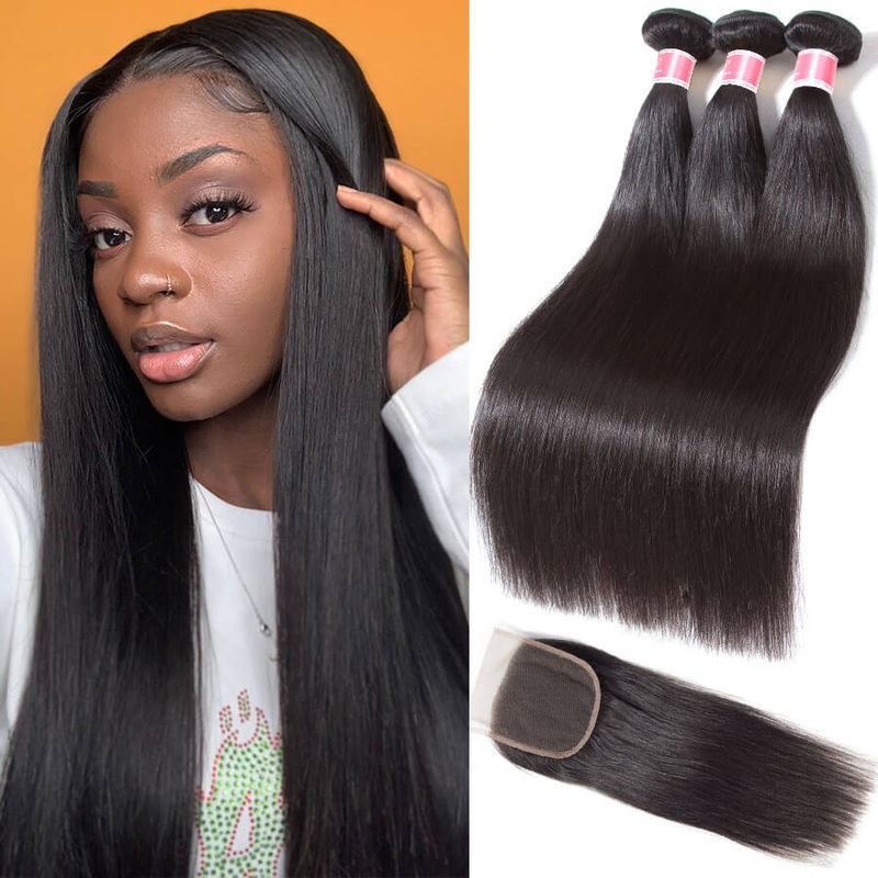 Brazilian Straight Hair 3 Bundles with 4*4 Lace Closure Virgin Human Hair 14 14 14 12 4×4 Closure Free Part