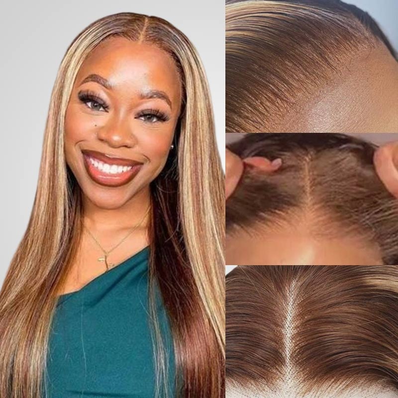 QVR Gluless Pre-cut 13×4 HD Lace Frontal Human Hair Wigs Straight Piano Highlight Brown Wear & Go Wigs 14 180% 13×4 Pre-cut HD Lace