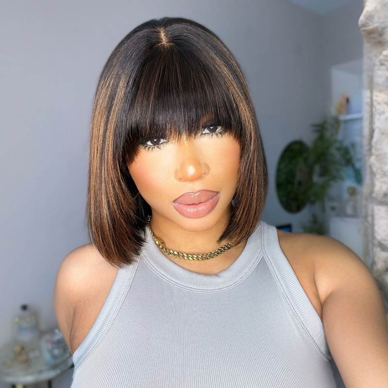 QVR Minimum Lace Highlight Brown Straight Short Bob Wig 1B/30 Layer Cut With Bangs #Highlight 1B/30 Minimum Lace 10”