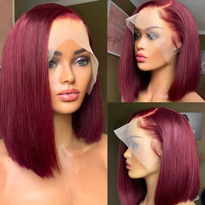 99J Burgundy 13×4 Short Bob Lace Front Wigs For Black Women Pre Plucked Glueless Human Hair Wigs 10 8×5 Pre Cut Lace 220%