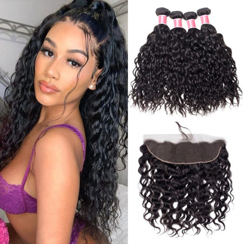 Brazilian Water Wave 4 Bundles with 13*4 Lace Frontal Virgin Human Hair 10 10 12 12+8