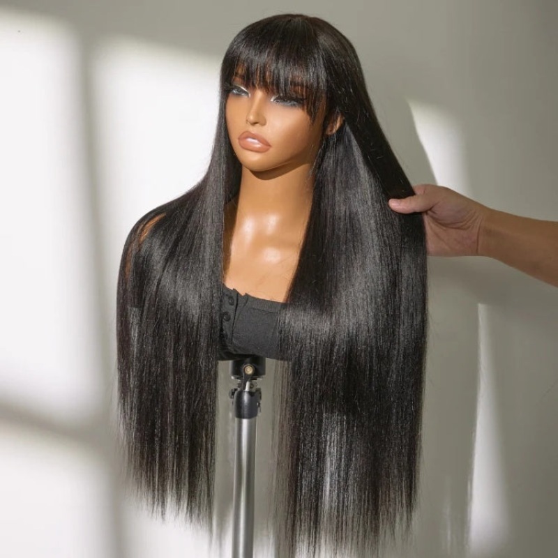 Exclusive Sale | Breathable Cap Yaki Straight Ultra Natural Minimalist Lace Long Wig with Bangs 10 inches BOB 1 Second Install