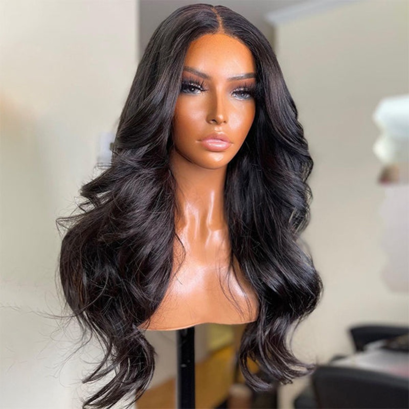 Natural Black Body Wave 4×4 Closure Lace Glueless Long Wig 100% Human Hair- US ONLY 22 inches