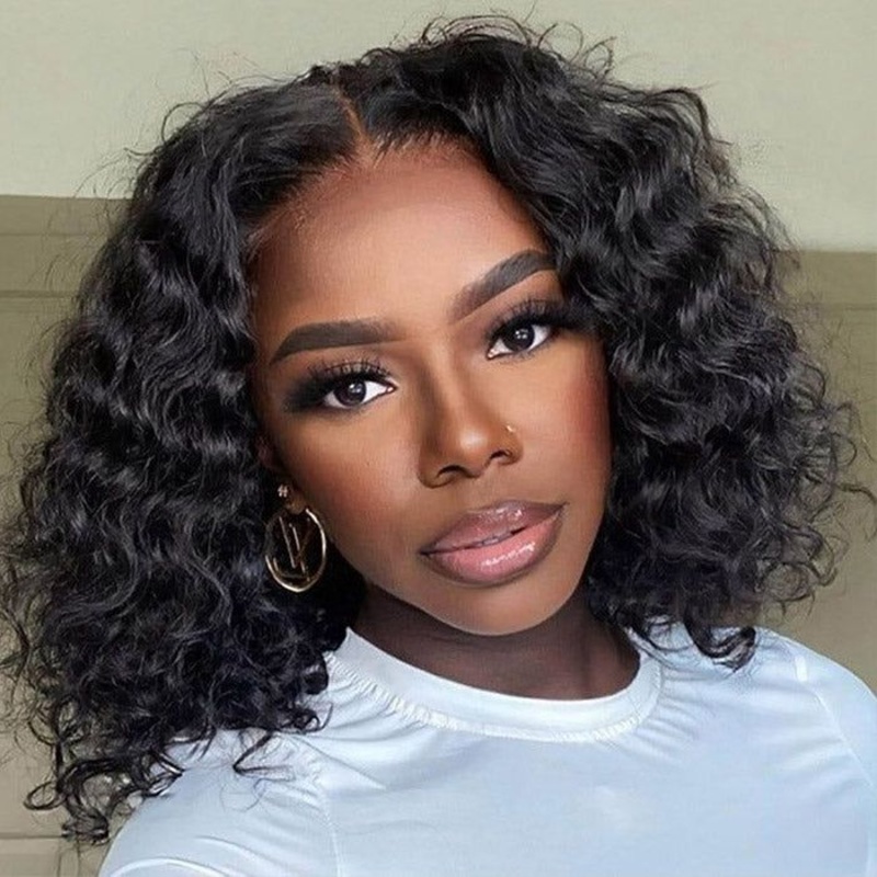 QVR Short Deep Wave Bob Wig 13×4/4×4 Lace Frontal Human Hair Wigs 10” 180% 13×4 Lace