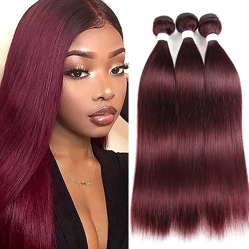 QVR Straight Human Hair Bundles Remy Brazilian Hair Weave 3 Bundles 99J Red Wine Human Hair Extensions 10″10″10″