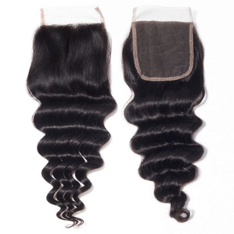4×4 HD Transparent Lace Closure Loose Deep Wave Human Hair Closure Natural Black Hair Top Swiss Lace 12 Medium Brown Lace Free Part