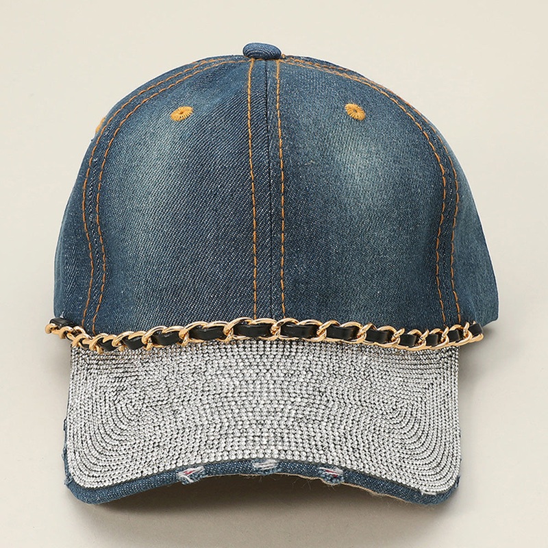 Chain Detail Bling Studded Brim Denim Vintage Baseball Cap Denim, Gold