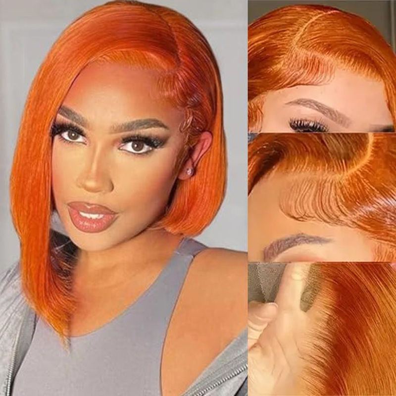 Orange Ginger Color 13×4 HD Lace Front Wigs Short Bob Wig Pre Plucked Natural Baby Hair For Black Women 10 13×4 HD Lace 220%