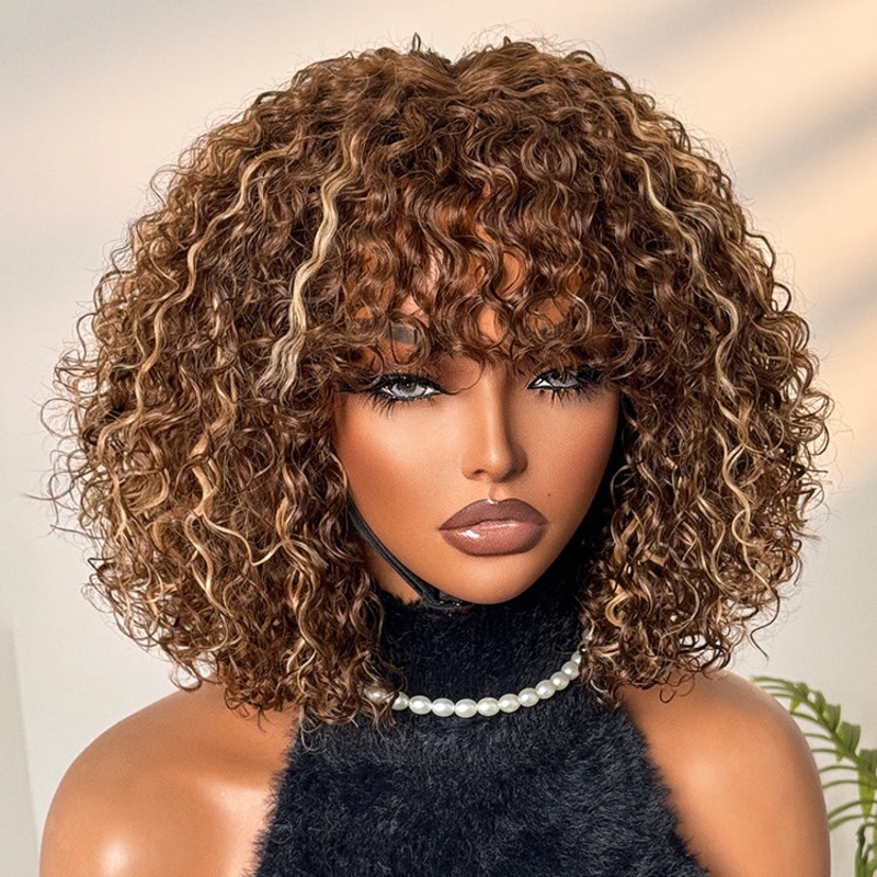Beginner Friendly Ash Blonde Highlights Water Wave True Scalp Minimalist Lace Glueless Curly Wig with Bangs 10