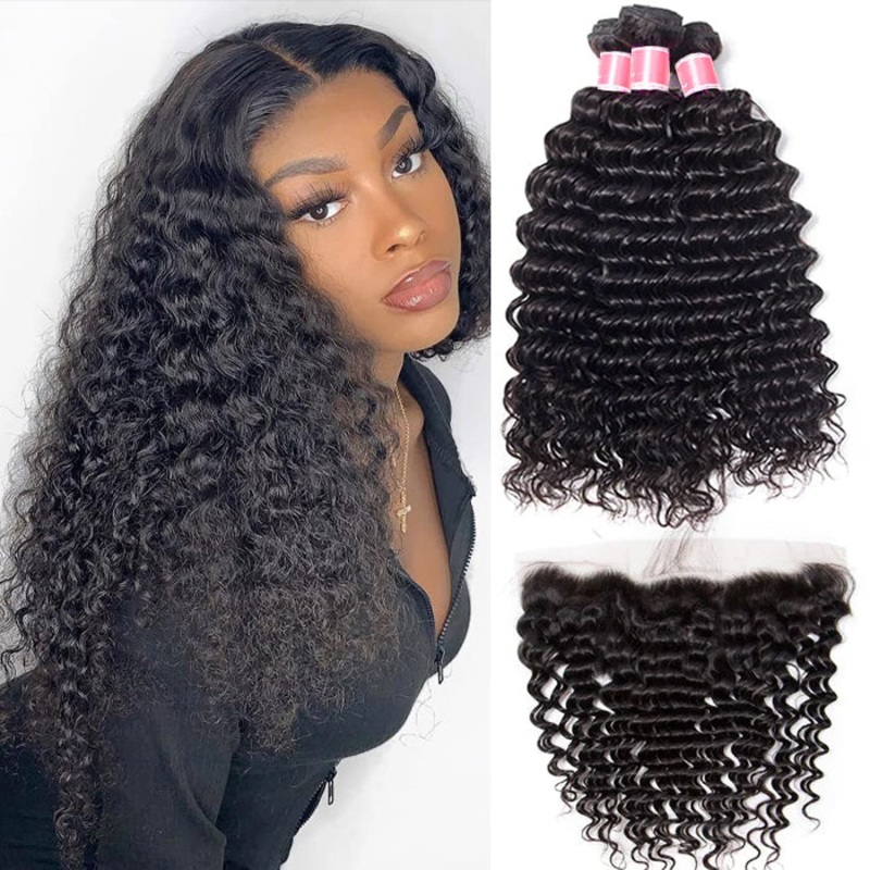 Brazilian Deep Wave Virgin Hair Weave 3 Bundles With 13*4 Lace Frontal 12 12 12+10 Natural Black Color