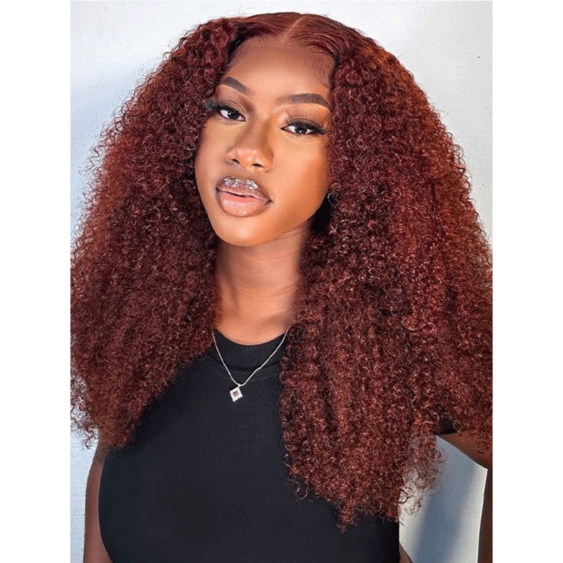CurlyMe Reddish Brown Color Kinky Curly Lace Front Wigs Human Hair Pre Plucked 13×4 180% 10