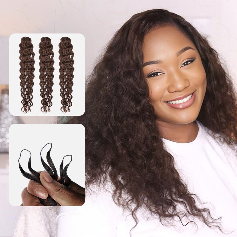 QVR Deep Brown #2 Water Wave Soft Feather Crochet Braids Human Hair Extensions Deep Brown #2 3 Packs (Full Head) 14”