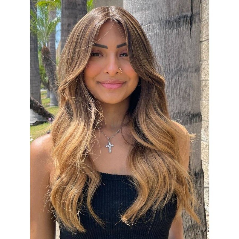 22″ Ponytail Silk Part Wig Dark Brown Ombre