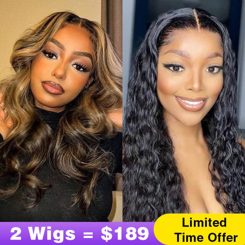 2Wigs = $189 | 8×5 Highlight Body Wave Wig + 8×5 Glueless Water Wave Wig 8×5 Pre Cut Lace – Highlight Body Wave Wig – 20″ 8×5 Pre Cut Lace – Glueless Water Wave Wig – 20″