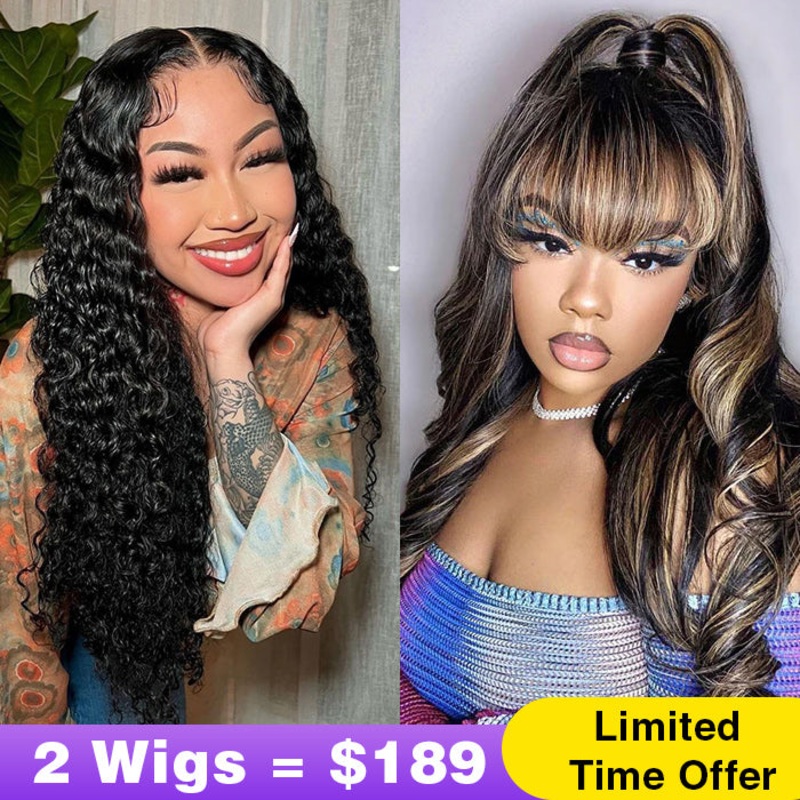 2Wigs = $189 | Water Wave Glueless Wig + Highlight Body Wave Wig With Bangs 8×5 Pre Cut Lace – Glueless Water Wave Wig – 20″ 8×5 Pre Cut Lace – Highlight Body Wave Wig With Bangs – 20″