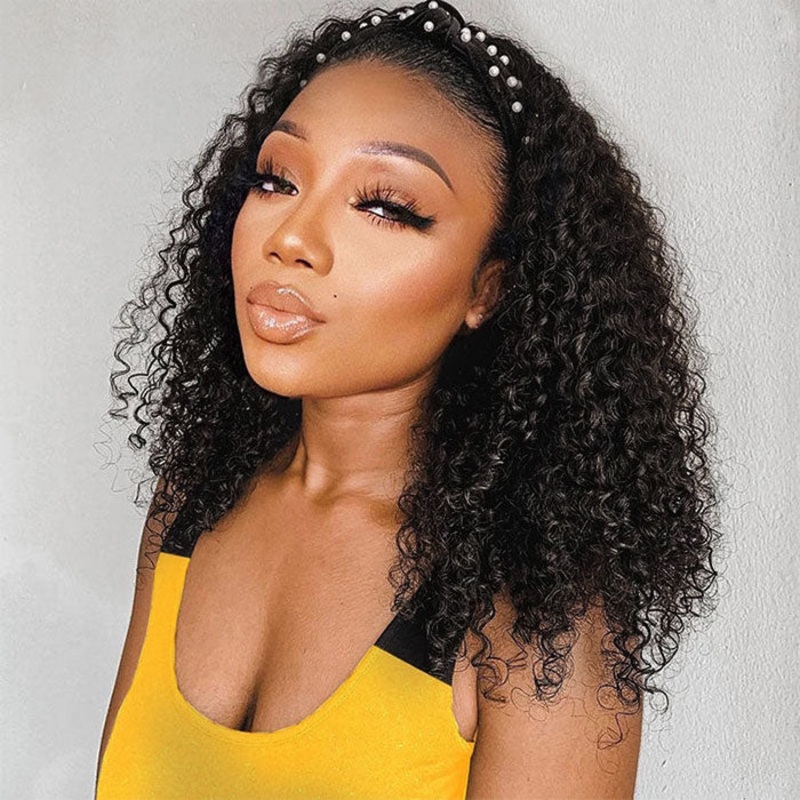 Curly Hair Headband Bob Wig Human Hair Half Wig 220% Density Glueless Human Hair Headband Wig 10inch Curly 220%