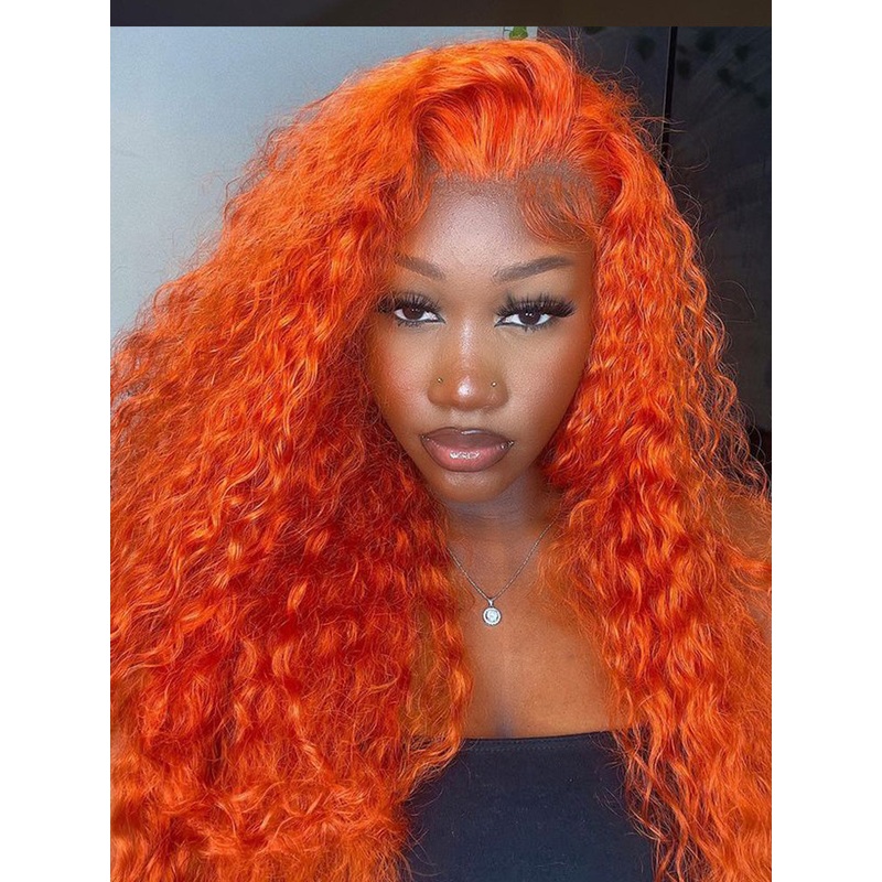 CurlyMe Bright Orange Water Wave Hair 13×4 Lace Front Wigs Pre Plucked 13×4 180% 16