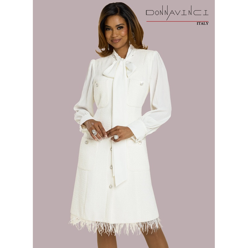 Donna Vinci, Boucle with Pearls Dress OFF-WHITE 8