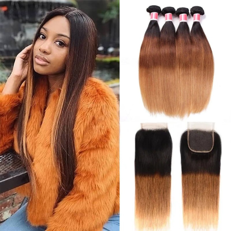 Ombre T1b/4/27 Straight Hair 3 Bundles with Closure 100% Unprocessed Virgin Human Hair Free Part 12 12 12+10 Brazilian Hair