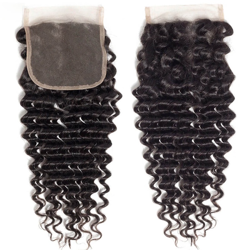 4×4 HD Transparent Lace Closure Deep Wave Human Hair Closure Natural Black Hair Top Swiss Lace 12 Medium Brown Lace Free Part