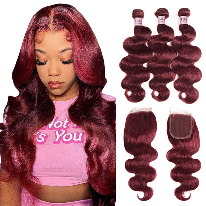 Burgundy Human Hair Bundles with Closure 99J Body Wave Hair 3 Bundles with Lace Closure 8 8 8 with 8 #99J Free Part